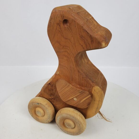 Vintage Primitive Wood Duck Pull Toy 9 Inch Tall On Wheels No String - Picture 1 of 7